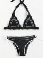 Romwe Black Contrast Trim Halter Bikini Set