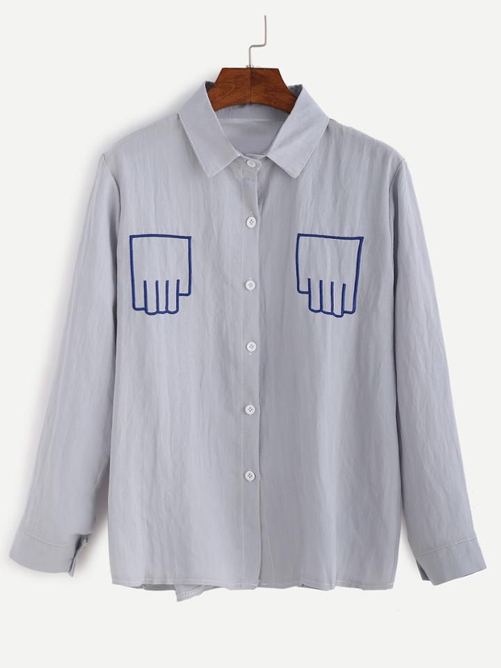 Romwe Blue Finger Embroidery Button Shirt