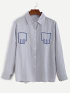 Romwe Blue Finger Embroidery Button Shirt