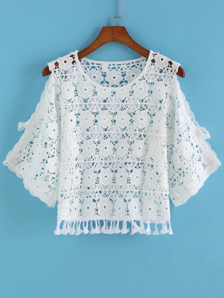 Romwe Open Shoulder Floral Crochet Hollow Top
