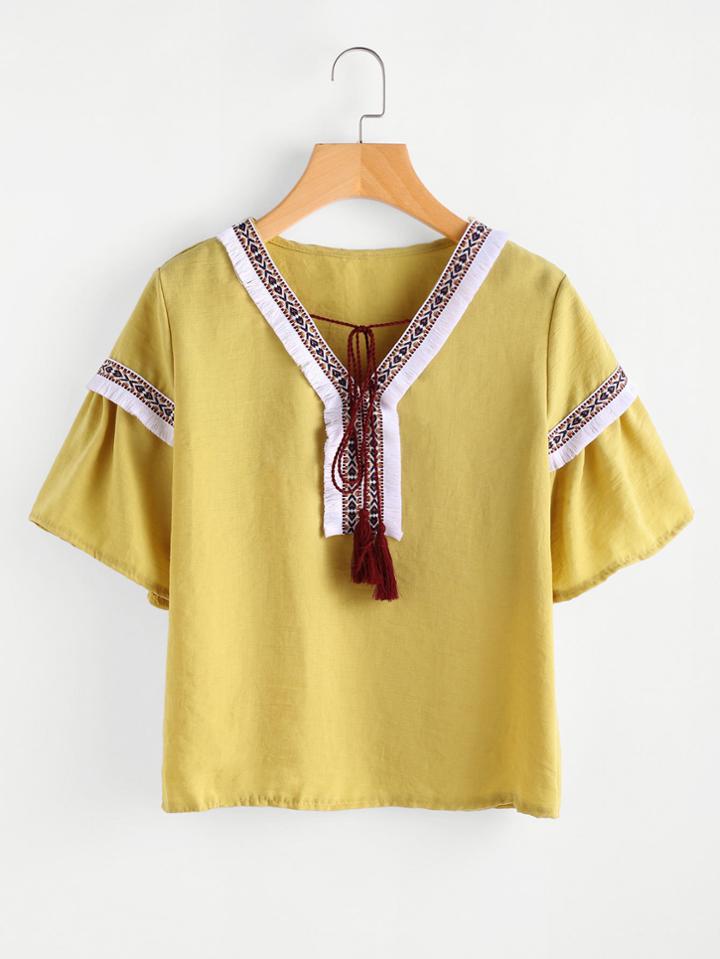 Romwe Embroidered Taped Fringe Trim Self Tie Neck Blouse