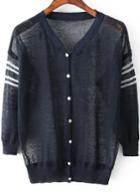 Romwe V Neck Striped With Buttons Navy Cardigan