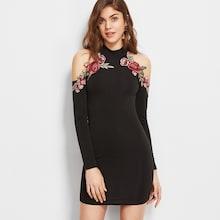 Romwe Cold Shoulder Flower Applique Bodycon Dress