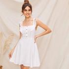 Romwe Ruffle Trim Button Front Fit & Flare Dress
