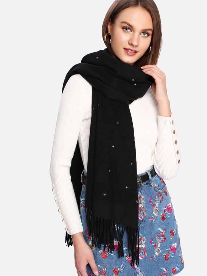 Romwe Fringe Trim Star Decorated Scarf