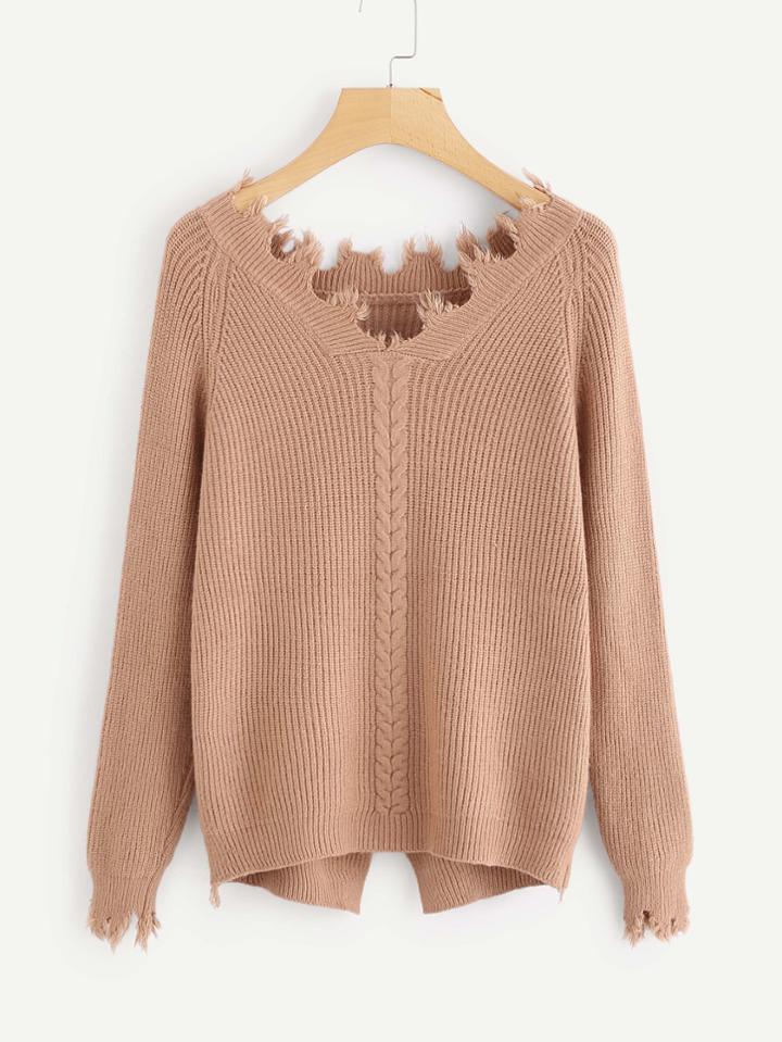 Romwe Raw Edge Split Back Cable Knit Sweater