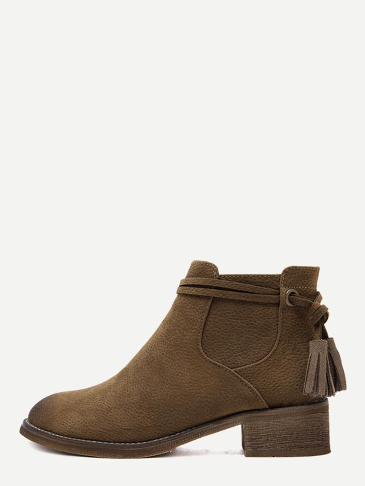 Romwe Brown Faux Suede Distressed Tassel Cork Heel Ankle Boots