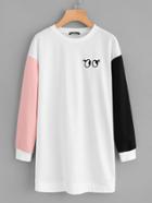 Romwe Cartoon Eye Patch Contrast Sleeve Longline Sweatshirt