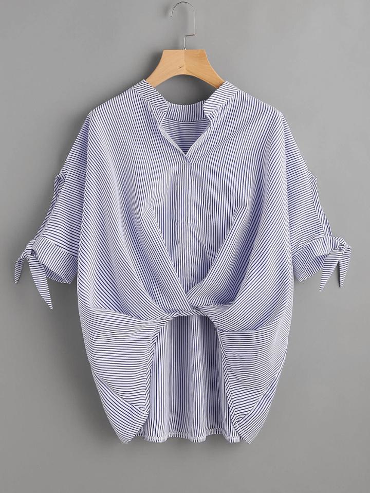 Romwe Vertical Striped Box Pleated Tie Cuff Top