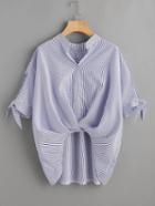 Romwe Vertical Striped Box Pleated Tie Cuff Top