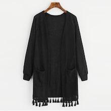 Romwe Fringe Hem Double Pockets Open Front Sweater