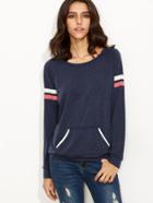 Romwe Navy Varsity Striped Sleeve Sweatshirt