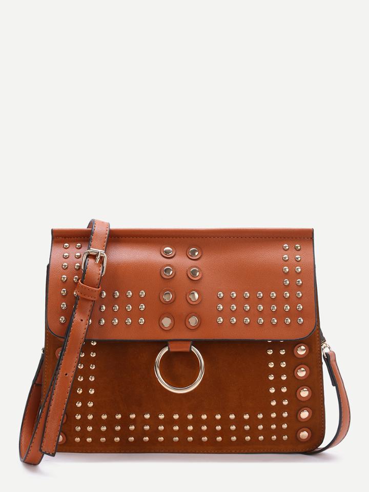 Romwe Brown Studded Ring Detail Flap Shoulder Bag