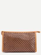 Romwe Khaki Contrast Trim Hexagon Embossed Makeup Bag