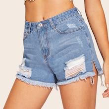 Romwe Slit Side Ripped Raw Hem Denim Shorts