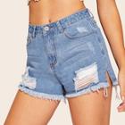 Romwe Slit Side Ripped Raw Hem Denim Shorts