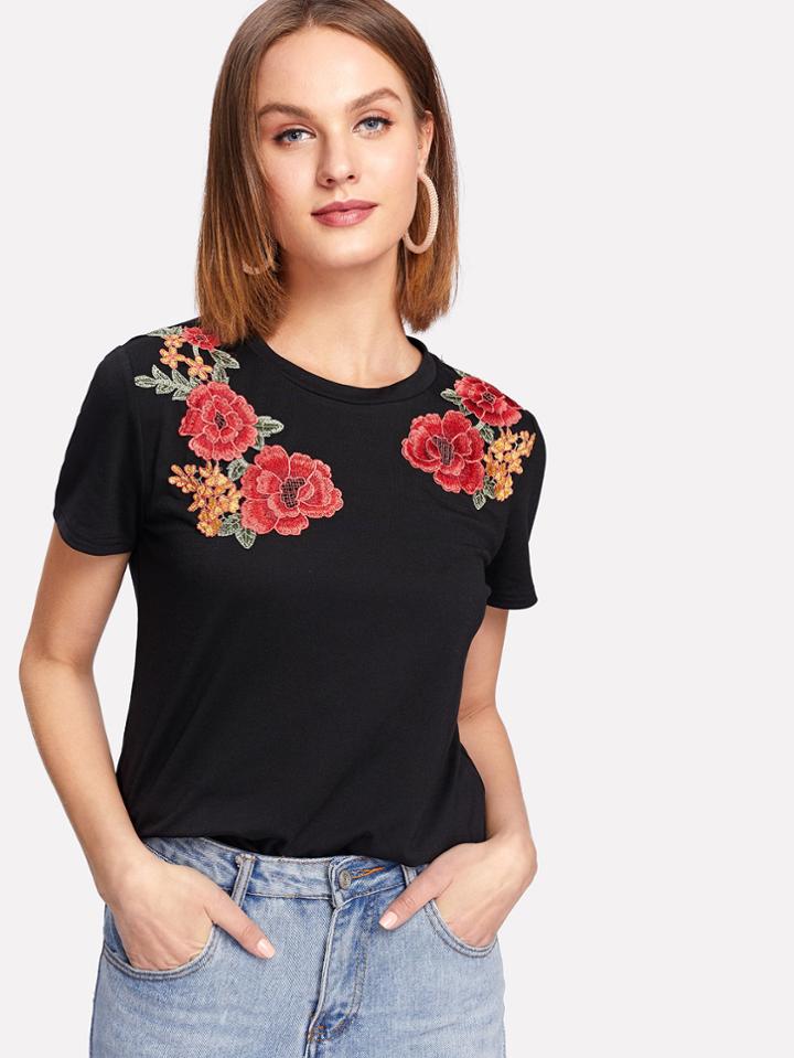 Romwe Floral Applique Shoulder Tee