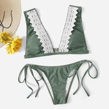 Romwe Crochet Trim Plunge Top With Tie Side Bikini