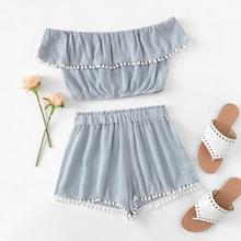 Romwe Off Shoulder Pom-pom Trim Top With Shorts