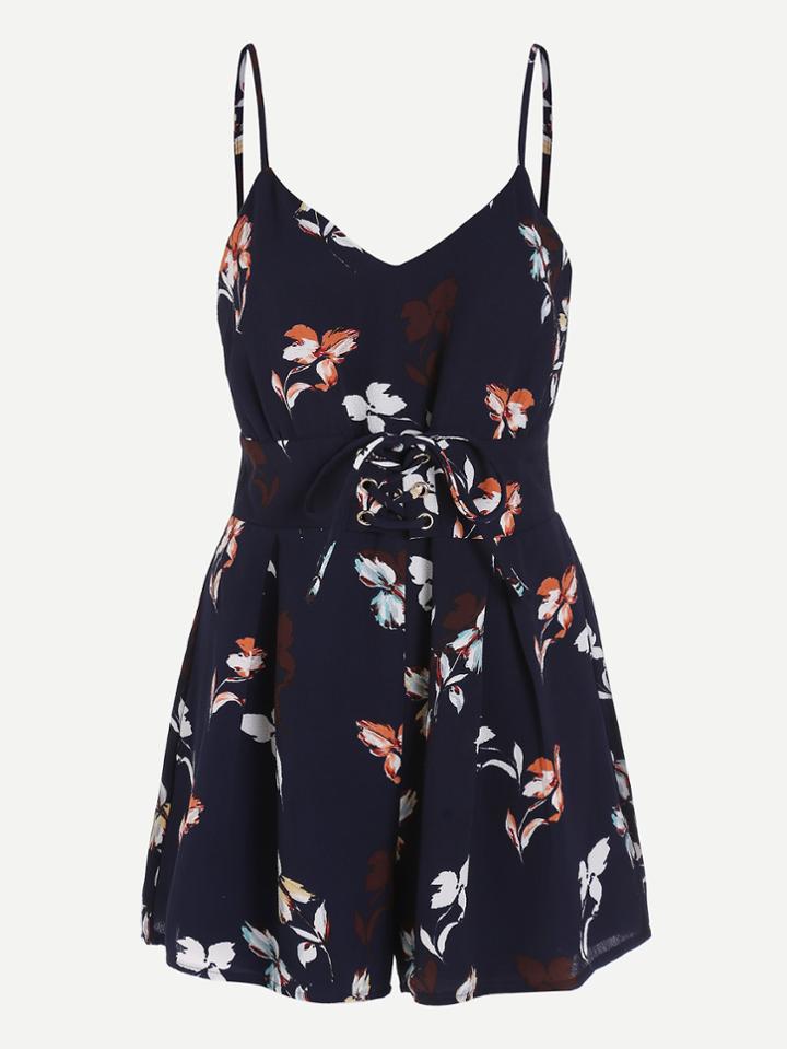 Romwe Cami Straps Lace Up Corset Floral Playsuit