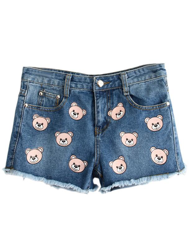 Romwe Blue Pockets Fringe Bear Print Denim Shorts