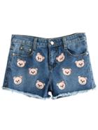 Romwe Blue Pockets Fringe Bear Print Denim Shorts