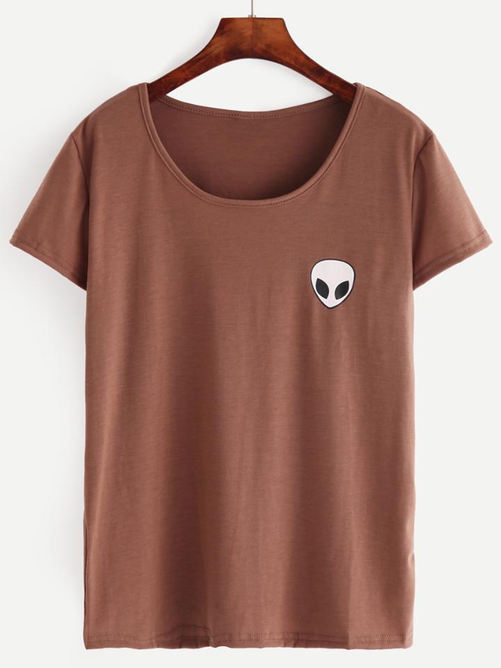 Romwe Brown Alien Print T-shirt
