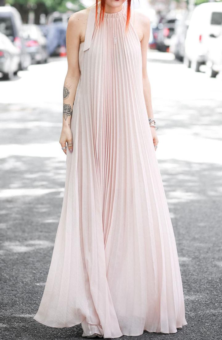 Romwe Halter Chiffon Pleated Maxi Dress
