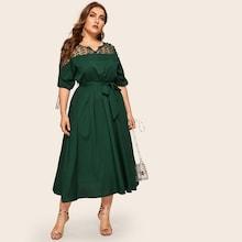 Romwe Plus Contrast Mesh Knot Cuff Belted Dress