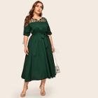 Romwe Plus Contrast Mesh Knot Cuff Belted Dress