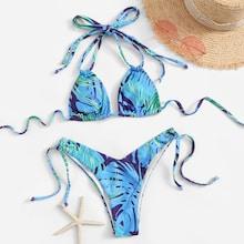 Romwe Palm Print Halter Top With Tie Side Bikini