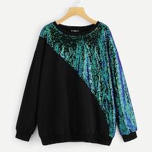 Romwe Plus Drop Shoulder Sequin Panel Sweatshirt