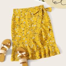 Romwe Ditsy Floral Ruffle Hem Knot Wrap Skirt