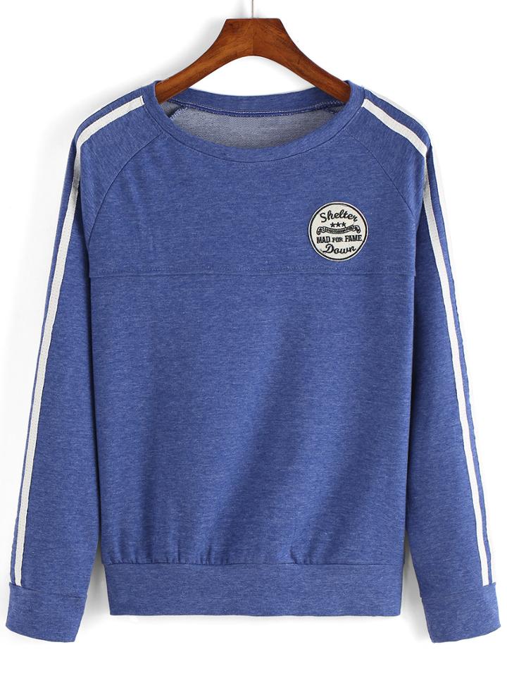 Romwe Varsity-striped Patch Blue Sweatshirt