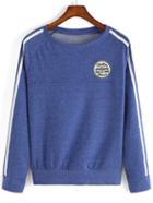 Romwe Varsity-striped Patch Blue Sweatshirt