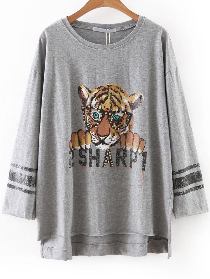 Romwe Grey Tiger Print Beaded Dip Hem Tee