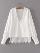 Romwe White V Neck Double Layer Lace Blouse
