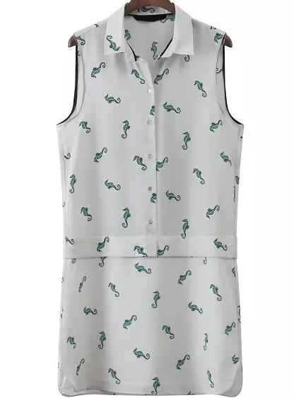 Romwe Lapel Sleeveless Hippocampus Print Shift Dress