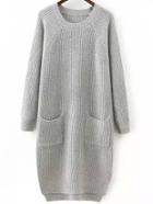 Romwe Raglan Sleeve Dip Hem Split Side Grey Sweater Dress With Pockets