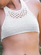 Romwe Hollow Out Halter Neck Crochet Bikini Top - White
