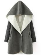 Romwe Grey Hooded Faux Shearling Coat With Knit Sleeve
