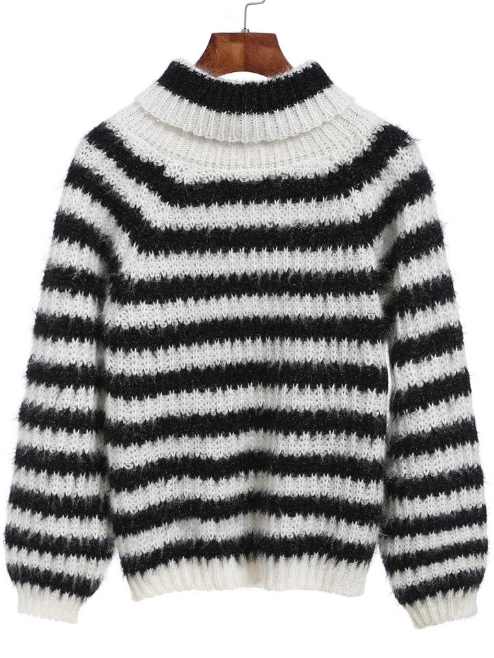 Romwe Turtleneck Long Sleeve Striped Black Sweater