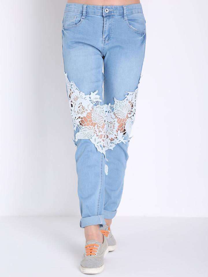 Romwe Blue Floral Crochet Denim Pant