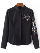 Romwe Embroidered Slim Black Blouse