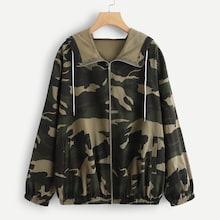 Romwe Plus Camo Print Zipper Jacket
