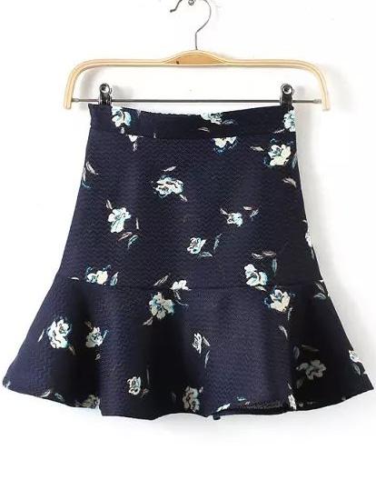 Romwe High Waist Rose Print Peplum Hem Navy Skirt