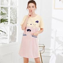 Romwe Cat Print Bow Detail Night Dress