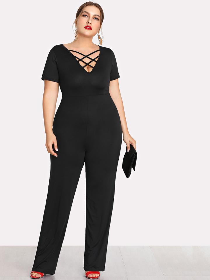 Romwe Deep V Neckline Criss Cross Jumpsuit