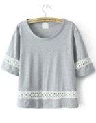 Romwe Grey Round Neck Hollow Embroidered T-shirt