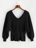Romwe Double V Bishop Sleeve Slit Back Jumper